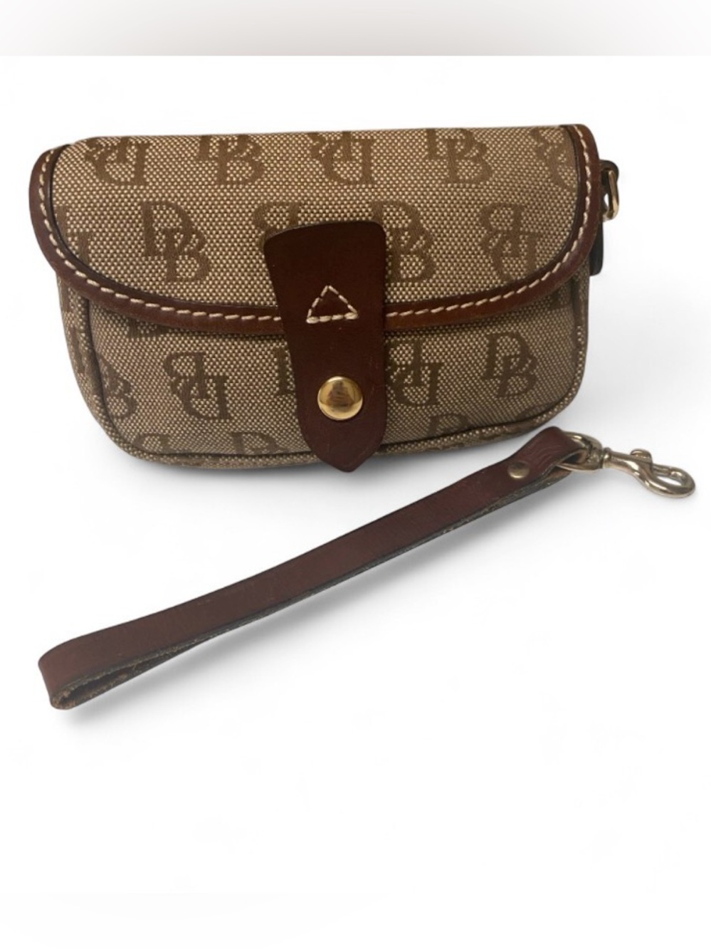 Dooney & Bourke Vintage Signature Monogram Wristlet Brown Tan USA Leather Trim